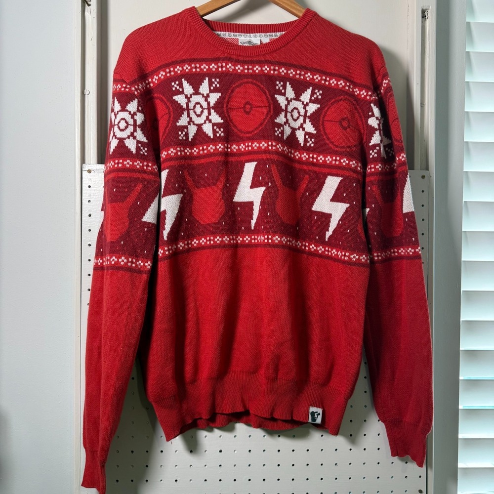 Pokémon Holiday Ugly Sweater Red Fair Isle Poké Balls Christmas‎ Cozy - Large